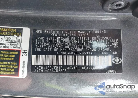 2008 Toyota Camry Le/Se/Xle z USA, uszkodzony, nr VIN 4T1BE46K28U765334